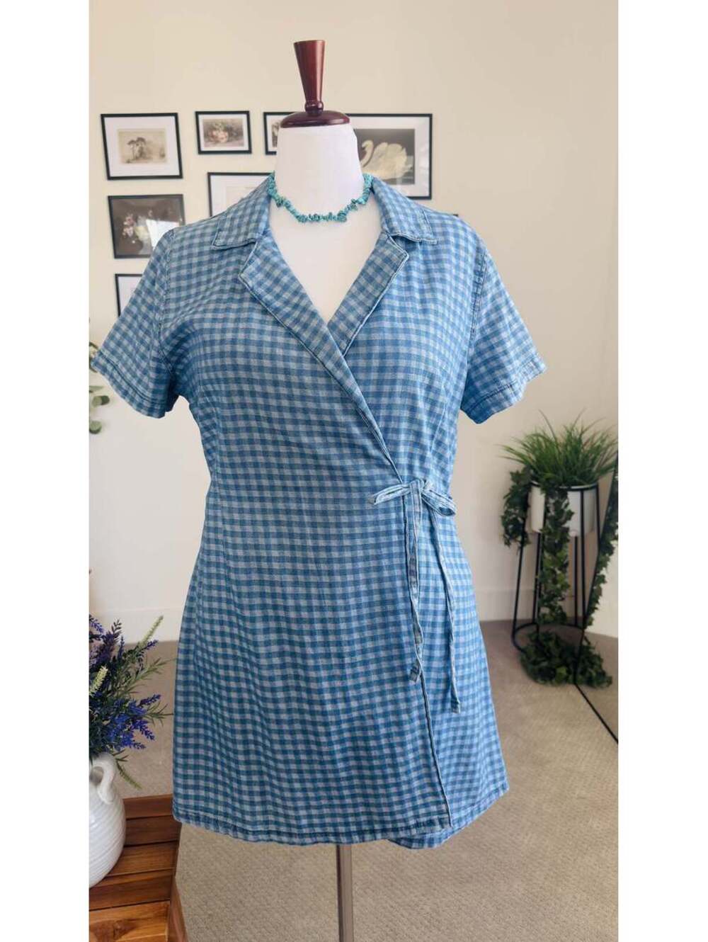 ASOS DESIGN Blue Gingham Collared Short Sleeve Wrap Mini Dress Size US 14